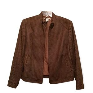 Women’s Wool Blend Houndstooth Brown Jacket Lined Zip Up Pockets Fall Winter Sz…